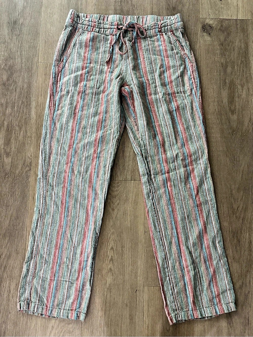 Striped Linen Blend Straight Leg Pants Size Medium
